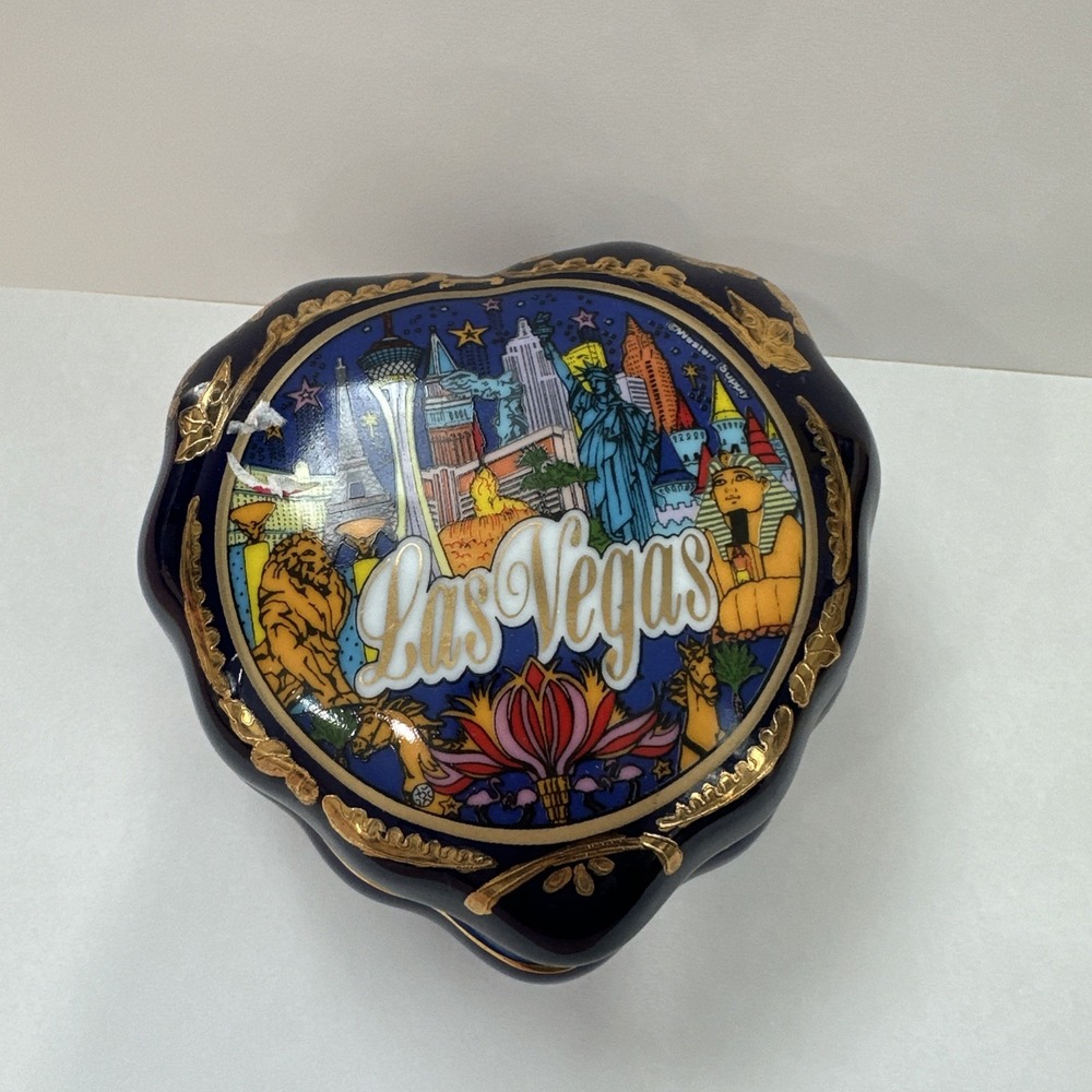 Vintage Las Vegas Ceramic Heart Trinket Box Cobalt Blue Gold Souvenir Jewelry